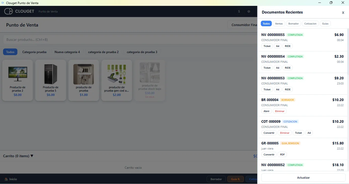 Documentos emitidos recientemente, con su estado en el SRI