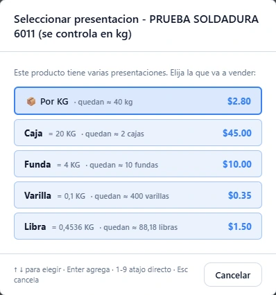 Selector de presentaciones en el punto de venta: por kg, caja, funda, varilla o libra, cada una con su precio y cuánto queda