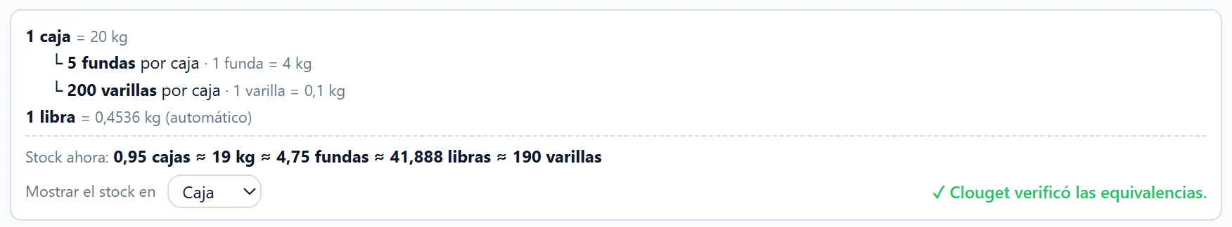 Resumen de presentaciones en Clouget: el stock de soldadura en cajas, fundas, libras y varillas, con las equivalencias verificadas